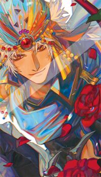 Rule 34 | 1boy, brown eyes, closed mouth, falling petals, final fantasy, final fantasy ii, firion, flower, gold trim, grey hair, headscarf, looking at viewer, male focus, naffasy, parted bangs, petals, red flower, red petals, red rose, rose, short hair, smile, solo, upper body