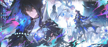 Rule 34 | 1boy, 1girl, absurdres, black cloak, black gloves, black hair, black pants, blue hair, boots, building, chinese text, cloak, closed mouth, crossed bangs, dome, dress, elbow gloves, floating, full body, full moon, gloves, grin, hair between eyes, hair intakes, hair ornament, hetero, high-waist pants, highres, holding, holding staff, hood, hood up, light particles, long hair, looking at another, looking at viewer, moon, night, night sky, original, pants, profile, red eyes, renjian shilian, sample watermark, shirt, shoes, short hair, sidelocks, sky, smile, staff, star (sky), starry sky, two-sided fabric, very long hair, watermark, white boots, white dress, white gloves, white shirt, white shoes