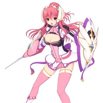 Rule 34 | 1girl, :o, boots, breasts, brown eyes, cleavage, cleavage cutout, clothing cutout, dress, en ciel rena, en ciel rena (sin), game cg, hair between eyes, hair ornament, holding, holding shield, holding sword, holding weapon, kourin tenshi en ciel rena, large breasts, large variant set, long hair, long sleeves, looking at viewer, non-web source, official art, open mouth, orange eyes, pink hair, pink skirt, pink thighhighs, ponytail, red hair, saitou natsuki, shield, short dress, skirt, solo, suhamaya, sword, thighhighs, tomoe rena, transparent background, variant set, weapon, zettai ryouiki