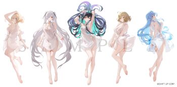 5girls absurdres anis_(nikke) cinderella_(nikke) dress full_body goddess_of_victory:_nikke grave_(nikke) helm_(nikke) highres little_mermaid_(nikke) long_hair looking_at_viewer multiple_girls official_alternate_costume official_art sample_watermark sola_(solo0730) sundress watermark white_dress