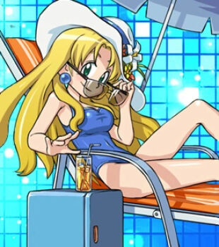 1girl bikini blonde_hair blue_bikini capcom cup drinking_glass drinking_straw earrings green_eyes hat jewelry kalinka_cossack_(mega_man) looking_at_viewer mega_man_(classic) mega_man_(series) official_art one-piece_swimsuit refrigerator rockman_xover sunglasses swimsuit