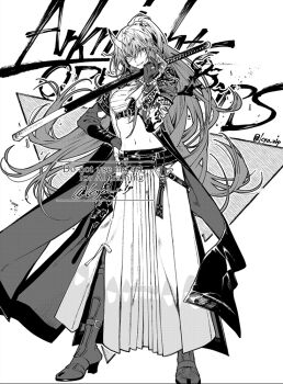 Rule 34 | 1girl, arknights, chest sarashi, coat, commentary request, demon girl, demon horns, hakama, hakama skirt, high ponytail, holding, holding sword, holding weapon, horns, hoshiguma (arknights), hoshiguma the breacher (arknights), japanese clothes, katana, kyo zip, long coat, long hair, looking at viewer, monochrome, oni, open clothes, open coat, ponytail, sarashi, sidelocks, simple background, skirt, solo, sword, tall female, watermark, weapon, white background