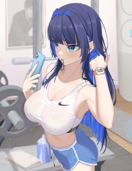 Rule 34 | 1girl, armpits, bangom r, blue eyes, blue hair, breasts, cellphone, highres, hololive, hololive english, large breasts, mole, mole on armpit, nike (company), ouro kronii, phone, smartphone, sweat, virtual youtuber, yagoo
