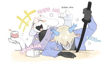 +++ 2girls alcohol animal_ears antlers artist_name black_gloves blonde_hair blue_horns blue_jacket blush_stickers bottle carol_holiday claws commentary_request cup deer_antlers deer_girl deltarune drifter_delta drinking_glass fangs female_focus furry furry_female gloves goat_ears goat_girl goat_horns holding holding_cup holding_sword holding_weapon horns jacket jewelry katana laughing multiple_girls necklace open_mouth pearl_necklace sword toriel utdr_(toby_fox) weapon white_fur wine wine_glass