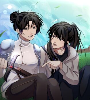 2girls :d absurdres armor black_eyes black_hair black_shirt blunt_bangs curtained_hair double-parted_bangs grass grin hair_bun high_ponytail highres holding holding_sword holding_weapon hood hood_down hoodie jung_heewon knees_up lee_jihye looking_at_another multiple_girls omniscient_reader&#039;s_viewpoint open_mouth outdoors pointing ponytail saihachi06 sheath shirt shoulder_armor sidelocks sitting smile sword unsheathing weapon white_changpao white_hoodie