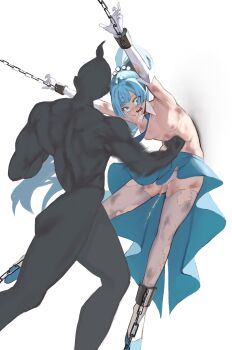 Rule 34 | 1boy, 1girl, blue hair, blue sky, breasts, bruise, chain, constricted pupils, cuffs, earl roze, elbow gloves, gloves, highres, injury, long hair, motion blur, nipples, open mouth, original, panties, peeing, peeing self, ponytail, punching, restrained, ryona, shackles, simple background, sky, small breasts, stomach punch, suspension, thighhighs, topless female, torn clothes, torn thighhighs, underwear, white background, white gloves, white panties, white thighhighs