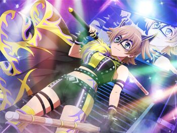 1girl black_cape black_gloves black_shorts bracelet breasts brown_hair cape closed_mouth daiba_nana dual_wielding dutch_angle eye_mask fur_trim game_cg gloves green_eyes holding holding_sword holding_weapon jewelry looking_at_viewer mask medium_breasts navel official_art over_shoulder screen shinai short_twintails shorts shoujo_kageki_revue_starlight shoujo_kageki_revue_starlight_-re_live- solo spiked_bracelet spikes stage_lights stairs standing sword tattoo thigh_strap twintails upper_body weapon weapon_over_shoulder wrestling_outfit