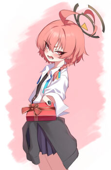 Rule 34 | 1girl, absurdres, ahoge, black halo, black shirt, blue archive, blush, box, braid, commentary request, gift, gift box, hair between eyes, halo, highres, holding, holding gift, kurosaki saya, looking at viewer, neru (blue archive), neru (school uniform) (blue archive), official alternate costume, open clothes, open mouth, open shirt, pink background, purple skirt, red eyes, red hair, shirt, short hair, single braid, skirt, solo, two-tone background, valentine, white background