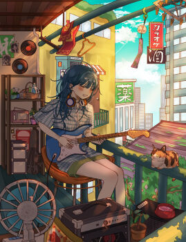 1girl balcony black_hair blush cat chair chasu_(uhts4248) closed_eyes clothes_hanger commentary_request day electric_fan electric_guitar grey_shirt grin guitar headphones headphones_around_neck highres holding holding_guitar holding_instrument instrument long_hair long_shirt music on_chair original outdoors pet plaid_clothes plaid_shirt plant playing_guitar playing_instrument potted_plant shirt short_sleeves sitting slice_of_life smile solo speaker urban vinyl_record wind_chime