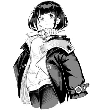 1girl absurdres arknights arknights:_endfield black_coat black_hair black_pantyhose blunt_bangs coat commentary_request endministrator_(arknights) female_endministrator_(arknights) frogsnake highres looking_at_viewer monochrome open_clothes open_coat pantyhose short_hair simple_background solo sweater white_background