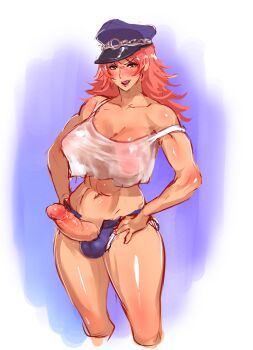 Rule 34 | 1futa, abs, bad id, bad pixiv id, blouse, blue hat, blue shorts, body blush, breasts, capcom, cleavage, cropped legs, cutoffs, denim, denim shorts, erection, final fight, futa without pussy, futanari, hair between eyes, hands on own hips, hat, highres, huge breasts, large breasts, large penis, long hair, looking at viewer, micro shorts, midriff, nbo, open mouth, peaked cap, penis, pink hair, poison (final fight), see-through clothes, shirt, short shorts, shorts, sleeveless, sleeveless shirt, solo, street fighter, tank top, toned, tongue, uncensored, white shirt