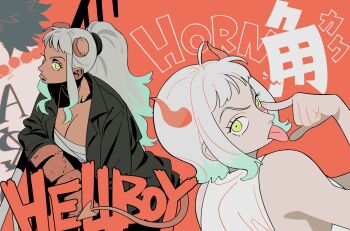 1boy 1girl alternate_hairstyle alternate_skin_color aqua_hair arm_tattoo arm_up bare_arms bare_shoulders bead_necklace beads black_coat black_hair blunt_bangs breasts chest_sarashi coat collarbone colored_skin crack crossover demon demon_girl demon_horns demon_tail english_text eyelid_pull furry hair_tie hellboy_(comic) highres horns jewelry long_hair looking_at_viewer medium_breasts necklace nyan_2020 one_piece oni open_clothes open_coat out_of_frame outline ponytail portgas_d._ace red_horns red_outline red_skin sarashi shirt short_hair sleeveless small_horns tail tattoo tongue white_hair white_shirt yamato_(one_piece) yellow_pupils
