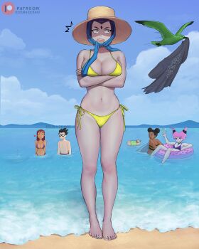 1boy 4girls ^^^ absurdres afloat arms_under_breasts asphyxiation assisted_exposure barefoot beach beast_boy_(dc) bikini bird black_hair blue_bikini blue_sky breasts bumblebee_(dc) cleavage closed_eyes cloud colored_skin commentary constricted_pupils crossed_arms dark-skinned_female dark_skin day dc_comics dismaiden domino_mask double_bun drowning english_commentary eye_mask feet flying forehead_jewel full_body grey_skin hair_bun hat headscarf heart highres innertube insect_wings jinx_(dc) large_breasts looking_at_viewer mask medium_breasts multiple_girls navel ocean outdoors patreon_logo pink_hair purple_hair raven_(dc) red_hair robin_(dc) seagull shore side-tie_bikini_bottom silkie_(dc) sky smile solo_focus spiked_hair standing starfire sun_hat swim_ring swimsuit teen_titans toes twitter_username water wings yellow_bikini