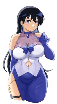 1girl akihitoevon alternate_costume arato_nagi black_hair blue_eyes blue_gloves breasts cleavage clothing_cutout commentary corrupted_twitter_file covered_abs dress earrings elbow_gloves english_commentary gloves highres jewelry large_breasts long_hair looking_at_viewer navel navel_cutout ruri_no_houseki simple_background solo thick_thighs thighs tight_clothes tight_dress twitter_username white_background wide_hips