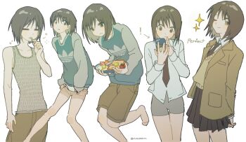 1girl barefoot blush breakfast brown_hair brushing_teeth eating food hand_mirror highres mirror multiple_persona necktie nzsssm one_eye_closed original school_uniform short_hair shorts skirt sparkle white_background