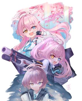 1girl :d ahoge beretta_1301 black_gloves blue_archive blue_eyes blue_necktie bobo_(6630978) brown_eyes collared_shirt commentary_request dated dress_shirt fingerless_gloves gloves gun hair_between_eyes halo hand_up heterochromia highres hoshino_(blue_archive) long_hair multiple_views necktie open_mouth petals pink_hair ponytail shirt shotgun signature smile translation_request very_long_hair weapon white_shirt