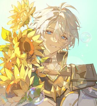 1boy absurdres antenna_hair blue_background blue_eyes flower grey_hair grin heiyi_mataozi highres holding holding_flower honkai:_star_rail honkai_(series) looking_at_viewer male_focus phainon_(honkai:_star_rail) portrait shirt short_hair smile solo sunflower white_shirt yellow_flower
