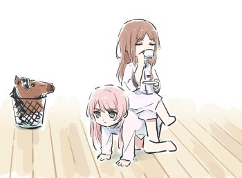 2girls all_fours bang_dream! bang_dream!_it's_mygo!!!!! brown_hair chihaya_anon closed_eyes commentary cup grey_eyes holding holding_cup lyy mask multiple_girls nagasaki_soyo pajamas pink_hair sidelocks sitting symbol-only_commentary unworn_mask