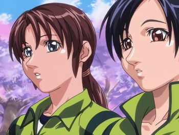 00s 2004 2girls animated animated_gif bible_black bible_black_new_testament brown_eyes brown_hair cherry_blossoms exercising gym_uniform hair_ornament jacket multiple_girls outdoors park pointing ponytail shin_bible_black tagme