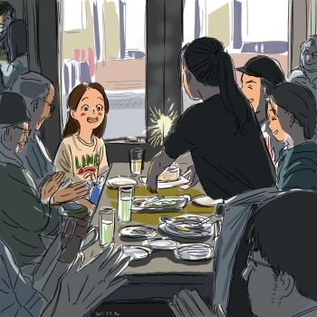 Rule 34 | 5girls, 6+boys, apron, bag, birthday, birthday cake, birthday party, black hair, black hat, black shirt, brown hair, cake, cake slice, commentary, cup, dated, dmohashi, drinking glass, fireworks, food, glasses, hat, indoors, long hair, multiple boys, multiple girls, open mouth, original, parted hair, plate, ponytail, print shirt, restaurant, shirt, short hair, sparkler, symbol-only commentary, table, waitress