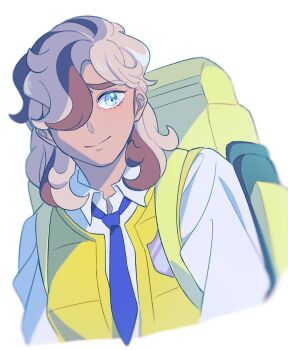 1boy arven_(pokemon) backpack bag blue_eyes blue_necktie brown_hair closed_mouth collared_shirt cropped_torso hair_over_one_eye highres long_hair male_focus necktie nintendo open_clothes open_vest pokemon pokemon_sv selyg15 shirt simple_background smile solo vest white_background white_shirt yellow_bag yellow_vest