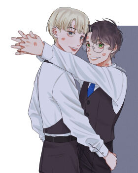 2boys arms_around_neck belt black_hair black_pants blonde_hair blue_eyes blue_necktie blunt_bangs draco_malfoy formal_clothes glasses green_eyes hand_on_another's_ass harry_potter harry_potter_(series) lipstick_mark lipstick_mark_on_cheek lipstick_mark_on_face lipstick_mark_on_forehead lipstick_mark_on_hand lipstick_mark_on_neck looking_at_viewer male_focus multiple_boys necktie pants parted_bangs parted_lips shirt short_hair simple_background smile teeth twitter_username vest white_shirt wizarding_world yaoi yu8montesu