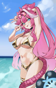 1girl :p animal_ears arm_behind_head arm_up armpits bikini black_choker blue_eyes blue_sky breasts center-flap_bangs chattino_(raora_panthera) choker cloud commentary double-parted_bangs double_v eipanguino gold_bikini hand_up highres hololive hololive_english large_breasts long_hair multi-strapped_bikini_bottom multicolored_hair navel ocean panther_ears panther_girl panther_tail pendant_choker pink_hair ponytail raora_panthera sidelocks single_hair_streak sky solo standing stomach streaked_hair swimsuit tail thigh_strap tongue tongue_out v very_long_hair virtual_youtuber white_streaks