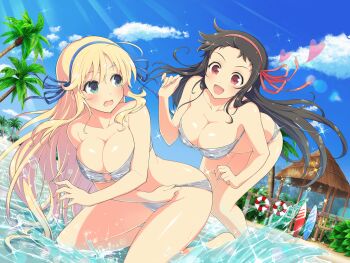 2girls ass ayame_(senran_kagura) beach beach_house bikini bikini_pull black_hair blonde_hair blue_ribbon blush breasts bush cleavage clothes_pull collarbone embarrassed green_eyes groin hair_ribbon heart katsuragi_(senran_kagura) large_breasts leaf lifebuoy long_hair looking_at_another multiple_girls navel o-ring o-ring_bikini o-ring_top ocean official_alternate_costume official_art open_mouth palm_leaf palm_tree plant red_eyes red_ribbon ribbon sand senran_kagura senran_kagura_new_link silver_bikini smile sparkle splashing strapless strapless_bikini surfboard swim_ring swimsuit tree very_long_hair water yuri