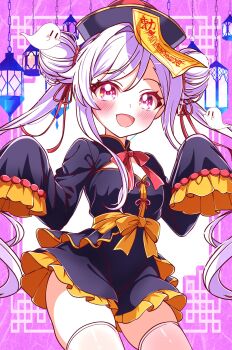 1girl :d absurdres blush chinese_clothes double_bun dress eighth_note frilled_sleeves frills hair_bun hat highres jiangshi kanaria_chick long_hair long_sleeves looking_at_viewer musical_note niizuma_yae ofuda open_mouth qingdai_guanmao sleeves_past_fingers sleeves_past_wrists smile solo thighhighs white_hair world_dai_star