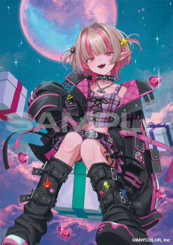 Rule 34 | 1girl, balloon, bat necklace, black arm warmers, black collar, black leg warmers, black straps, blunt bangs, chain, chain necklace, cloud, collar, colored inner hair, commentary request, copyright notice, crop top, cross-laced clothes, cross-laced top, gift, gishiki (gshk), grey hair, hair intakes, hair ornament, jewelry, leg warmers, looking at viewer, makaino ririmu, makaino ririmu (6th costume), moon, multicolored hair, multicolored hair bobbles, necklace, nijisanji, o-ring collar, official art, pink hair, pink streaks, plaid clothes, pointy ears, red eyes, sample watermark, short hair, sitting on gift box, spikes, star (sky), star (symbol), streaked hair, two side up, virtual youtuber, watermark, wolf cut, zipper top