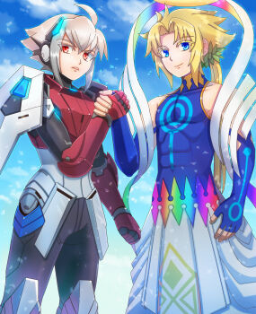 2boys armor azure_striker_gunvolt bare_shoulders blonde_hair blue_eyes blue_robe cow grey_hair gunvolt gunvolt_chronicles_luminous_avenger_ix_2 halo handshake highres kiwakiwa long_hair male_focus monster_strike multiple_boys noah_(monster_strike) red_armor red_eyes robe short_hair