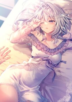 1girl ahoge bare_shoulders breasts chemise cleavage collarbone frilled_chemise grey_hair huge_ahoge lilithea lying mata_korosarete_shimatta_nodesune_tantei-sama medium_breasts medium_hair on_bed one_eye_closed parted_lips pillow purple_eyes purple_ribbon ribbon riichu white_chemise