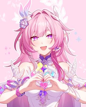 1girl :d armlet bad_link bare_shoulders breasts cyrene_(demiurge)_(honkai:_star_rail) cyrene_(honkai:_star_rail) diamond-shaped_pupils diamond_(shape) earrings hair_intakes hair_ornament heart heart_hands highres honkai:_star_rail honkai_(series) jewelry long_hair looking_at_viewer medium_breasts nail_polish open_mouth pink_hair pink_nails pochimaru_(marumaru_wanwan) pointy_ears purple_eyes smile solo symbol-shaped_pupils