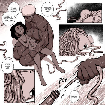 bleeding blood blush breasts bruise closed_eyes completely_nude constance_(fellatrix) cuts dark-skinned_female dark_skin eyepatch fellatrix foreskin headless holding incilius_alvarius injury kneeling muscular muscular_female nell_(fellatrix) nude on_lap open_mouth penis phimosis scar scar_on_face scars_all_over small_penis smile tentacle_hair tentacles too_many veins veiny_penis white_hair