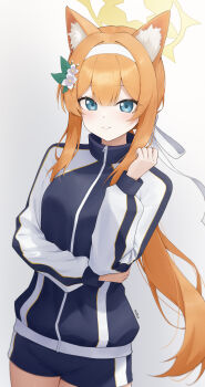 1girl absurdres animal_ear_fluff animal_ears black_shorts blue_archive blue_eyes cat_ears cat_girl commentary_request cowboy_shot flower gym_shorts gym_uniform hair_between_eyes hair_flower hair_ornament halo headband highres jacket long_hair long_sleeves looking_at_viewer low_ponytail mari_(blue_archive) mari_(track)_(blue_archive) mi_rong_abmiron multicolored_jacket official_alternate_costume official_alternate_hairstyle orange_hair ponytail short_shorts shorts sidelocks simple_background solo standing track_jacket turtleneck turtleneck_jacket two-tone_jacket white_background yellow_halo zipper_pull_tab