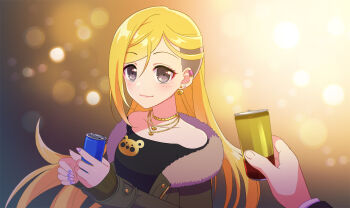 Rule 34 | 1girl, 1other, :3, black shirt, blonde hair, blush, can, closed mouth, collarbone, commentary request, drink can, ear piercing, earrings, fingernails, fujimoto rina, fur-trimmed jacket, fur trim, gold necklace, green jacket, holding, holding can, idolmaster, idolmaster cinderella girls, jacket, jewelry, lips, long hair, multicolored nails, nail polish, necklace, open clothes, open jacket, piercing, purple eyes, rio (usagiya), shirt, smile, solo focus, undercut