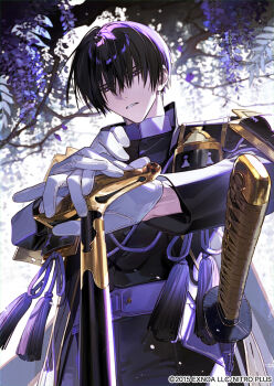 1boy armor atakigiri_(touken_ranbu) belt black_hair black_jacket black_pants black_scarf blurry blurry_background buttons cane collar commentary_request copyright_notice expressionless flower foreshortening from_below gloves hair_over_eyes head_tilt high_collar holding holding_cane itefu jacket japanese_armor japanese_clothes katana light_frown long_sleeves looking_at_viewer looking_down male_focus nitroplus official_art outdoors own_hands_together pants parted_lips pauldrons petals purple_belt purple_collar purple_eyes purple_flower purple_rope rope scabbard scarf second-party_source sheath sheathed short_hair shoulder_armor sode solo stole sword tassel touken_ranbu tree uchigatana upper_body weapon white_gloves white_petals wind wisteria