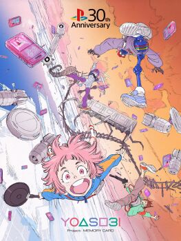 absurdres animal_ears closed_eyes flying gun happy_anniversary highres holding holding_gun holding_pan holding_weapon long_sleeves memory_card official_art open_mouth pink_eyes pink_hair playstation_logo rabbit_ears railroad_tracks short_hair smile sony teeth tongue upper_teeth_only weapon