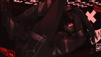 1girl absurdres artist_logo artist_name ass bandages barcode barefoot black_hair black_skin box breasts broken_horn caution close-up closed_mouth colored_skin completely_nude convenient_censoring curled_up dark_skin demon demon_girl demon_horns english_text eriott feet foreshortening full_body hair_between_eyes highres horns in_box in_container logo long_hair looking_at_viewer medium_breasts monster_girl naked_bandage nude oni red_eyes shiny_skin sign signature simple_background soles solo tape the_adversary_(the_binding_of_isaac) the_binding_of_isaac twitter_username warning_sign