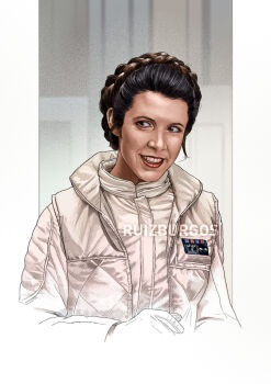 Rule 34 | 1girl, artist name, braid, brown eyes, brown hair, highres, jacket, looking to the side, official alternate costume, princess leia, realistic, ruiz burgos, solo, star wars, star wars: the empire strikes back, upper body, watermark, white jacket