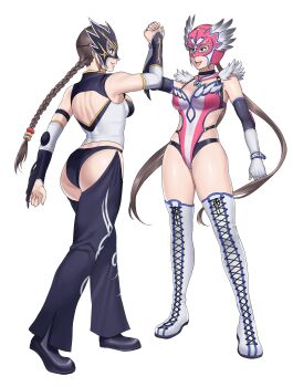 2girls absurdres alternate_costume ass back_cutout black_choker boots braid breasts brown_hair chaps choker clothing_cutout commentary commission detached_collar detached_sleeves elbow_pads english_commentary fingerless_gloves fingernails full_body gloves handshake hanny_(uirusu_chan) highres jaycee_(tekken) julia_chang lace-up_boots leotard long_braid low_twintails luchador luchador_mask mask medium_breasts michelle_chang mother_and_daughter multiple_girls namco no_bra open_mouth pink_leotard single_braid tekken tekken_2 tekken_3 tekken_tag_tournament_2 thigh_boots thighhighs twintails white_background white_footwear white_gloves wrestler wrestling_outfit