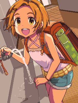 Rule 34 | 1girl, backpack, bag, bare shoulders, brown hair, collarbone, criss-cross halter, denim, denim shorts, faucet, halterneck, idolmaster, idolmaster cinderella girls, lillithlauda, looking at viewer, open mouth, pixel art, randoseru, red bag, ryuzaki kaoru, school, short shorts, shorts, solo, thighs, water, yellow eyes