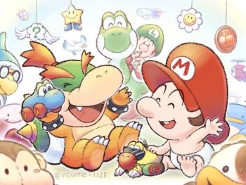 6+boys ^_^ baby_luigi baby_mario bird bowser_jr. buck_teeth character_request closed_eyes closed_mouth commentary fangs furry furry_male holding holding_toy kamek luigi male_focus mario mario_(series) multiple_boys nintendo open_mouth poochy_(yoshi's_island) shy_guy sitting smile super_mario_world_2:_yoshi's_island suruga_kanade teeth toy twitter_username v-shaped_eyebrows yoshi