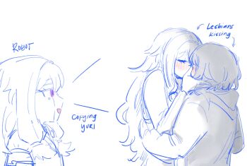 Rule 34 | 3girls, android, blush, closed eyes, commentary, dual persona, english commentary, english text, hand on another's face, highres, hood, hoodie, kcmvnd, kiss, kusanagi nene, long hair, meme, multiple girls, new mimic theory (meme), ootori emu, open mouth, project sekai, purple eyes, short hair, smile, spot color, yuri