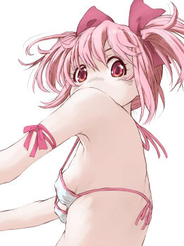1girl armpits bikini breasts commentary_request covered_erect_nipples highres kaname_madoka loli looking_back mahou_shoujo_madoka_magica mahou_shoujo_madoka_magica_(anime) marutaya off_shoulder pink_eyes pink_hair revision ribbon ribs short_hair simple_background skinny small_breasts solo swimsuit white_background