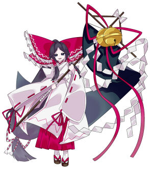 1girl :d absurdly_long_hair absurdres bell bow brown_eyes chihaya_(clothing) commentary_request foul_detective_satori frilled_bow frilled_hair_tubes frills full_body gensokyo's_first_hakurei_miko gohei hair_bow hair_tubes hakama hakama_skirt happy head_tilt highres holding holding_gohei huge_bow japanese_clothes jingle_bell kanae_mituki kosode large_bow long_hair long_skirt long_sleeves low-tied_long_hair miko no_nose okobo open_mouth parted_bangs platform_sandals ponytail red_bow red_ribbon red_skirt ribbon ribbon-trimmed_sleeves ribbon_trim sandals shide sidelocks simple_background skirt smile socks solo standing straight-on tabi tassel touhou very_long_hair white_socks wide_sleeves