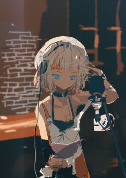 1girl absurdres black_camisole black_collar blonde_hair blue_eyes blunt_bangs blurry blurry_background bracelet brick_wall camisole cevio closed_mouth collar commentary detached_sleeves expressionless film_grain hair_flaps hand_on_headphones hand_up headphones highres holding jewelry kabuyama_kaigi looking_down microphone multicolored_hair one_(cevio) orange_hair reading recording_studio script short_hair single_detached_sleeve solo standing strap_slip streaked_hair studio_microphone upper_body white_camisole