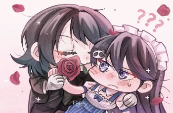 2girls bang_dream! bang_dream!_it&#039;s_mygo!!!!! black_hair black_jacket black_vest blue_skirt chibi chinese_commentary closed_mouth commentary_request flower hair_ornament highres jacket lawson long_hair maid_headdress medium_hair mouth_hold multiple_girls panda_hair_ornament puffy_short_sleeves puffy_sleeves purple_eyes red_flower red_rose rose shiina_taki shirt short_sleeves skirt sweatdrop vest white_shirt yahata_umiri yoyoray20001996 yuri