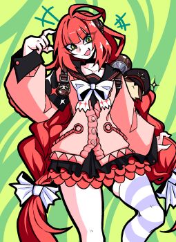 1girl animal baggy_clothes fang green_eyes hair_ornament highres kamanosuke_(zenless_zone_zero) kneehighs red_hair ribbon skirt smile socks sol_mc13 sweater ukinami_yuzuha white_ribbon zenless_zone_zero