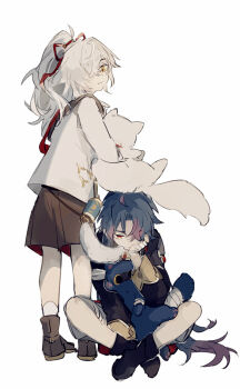 aged_down alternate_costume animal blade_(honkai:_star_rail) blue_hair boots cat child full_body hair_over_one_eye highres holding honkai:_star_rail honkai_(series) jing_yuan long_hair long_sleeves male_focus mississipping parted_bangs ponytail red_eyes red_ribbon ribbon shorts sitting socks standing white_background white_hair yellow_eyes